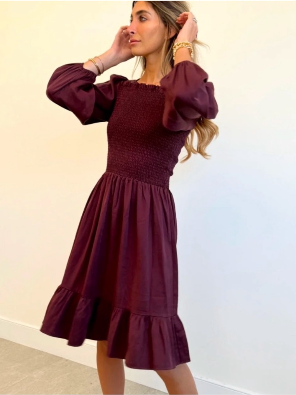 Eliyas Lanel Milkmaid Smocked Puff Sleeve Midi Dress - Plum Size XS